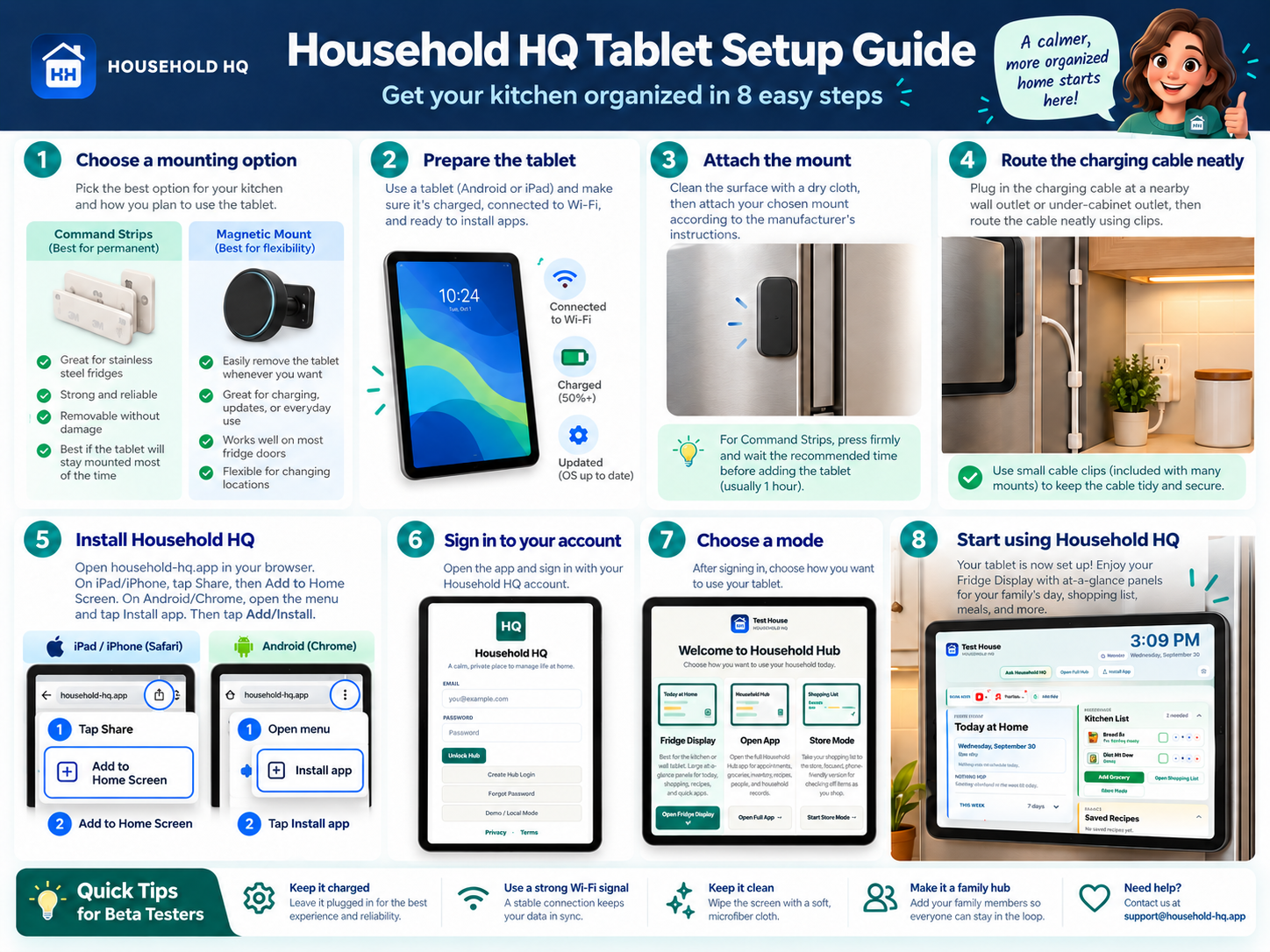Illustrated Tablet Setup Guide showing a Household HQ tablet mounted on a refrigerator